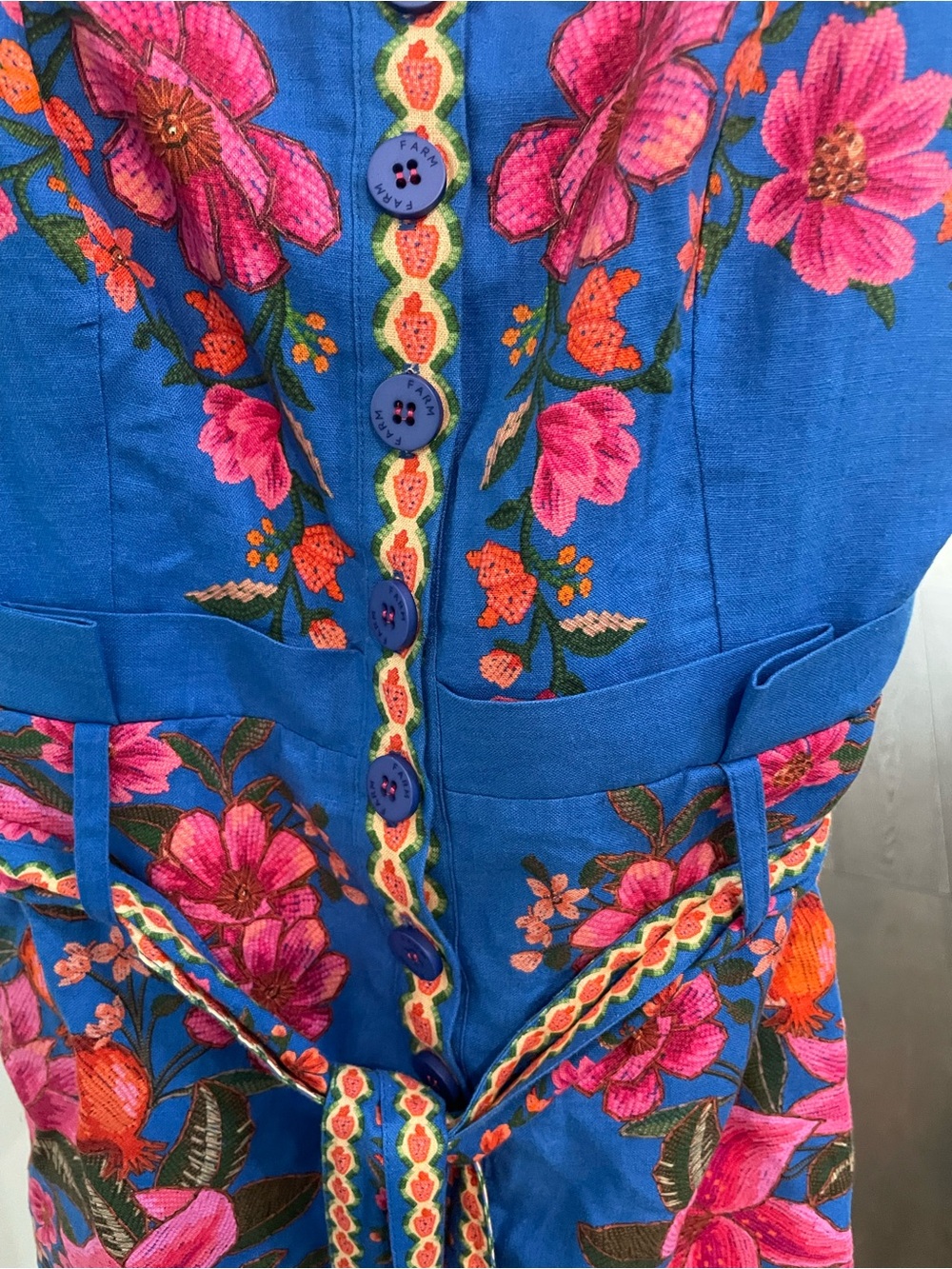 FARM Rio Bright Blue Floral Smocked Sundress with Pink Embroidery - Picture 3 of 9